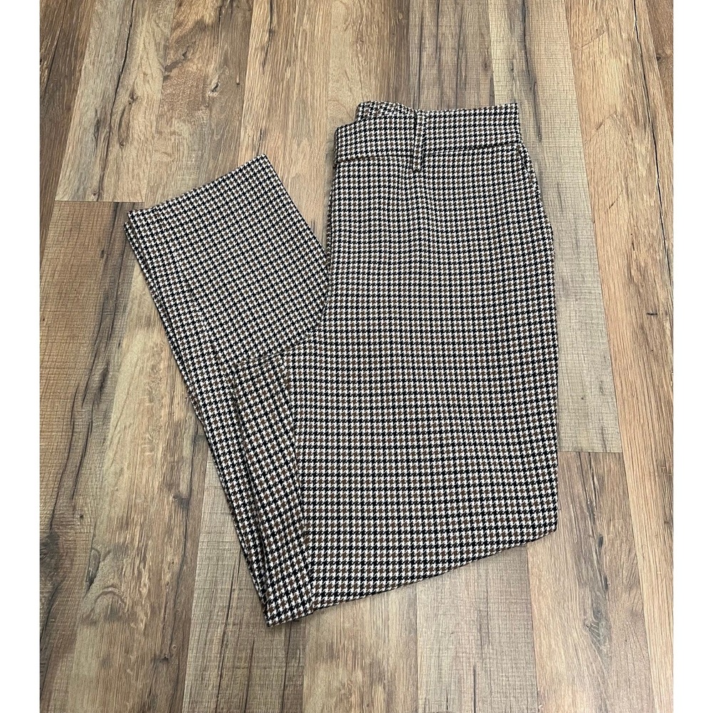 Nicole Miller Houndstooth Pants Women's M Pull On Stretch Trousers Black Brown